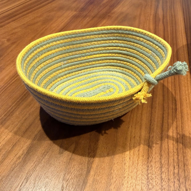 Coiled rope vessel - yellow and olive stripe - medium