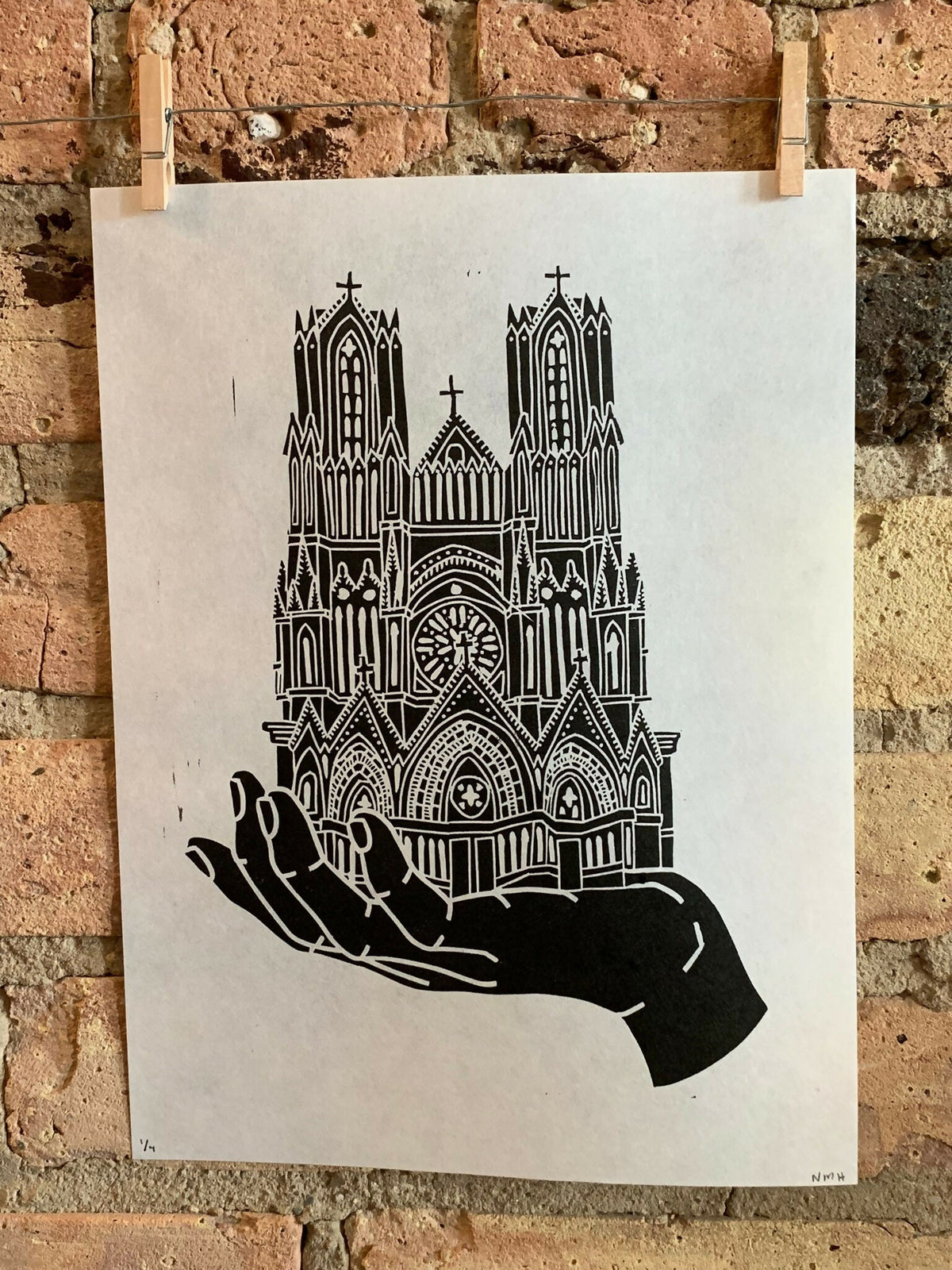 Notre Dame de Reims Handscape | Linocut Print | Wall Art