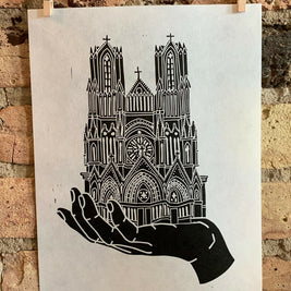 Notre Dame de Reims Handscape | Linocut Print | Wall Art