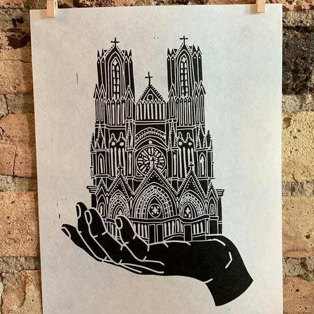Notre Dame de Reims Handscape | Linocut Print | Wall Art