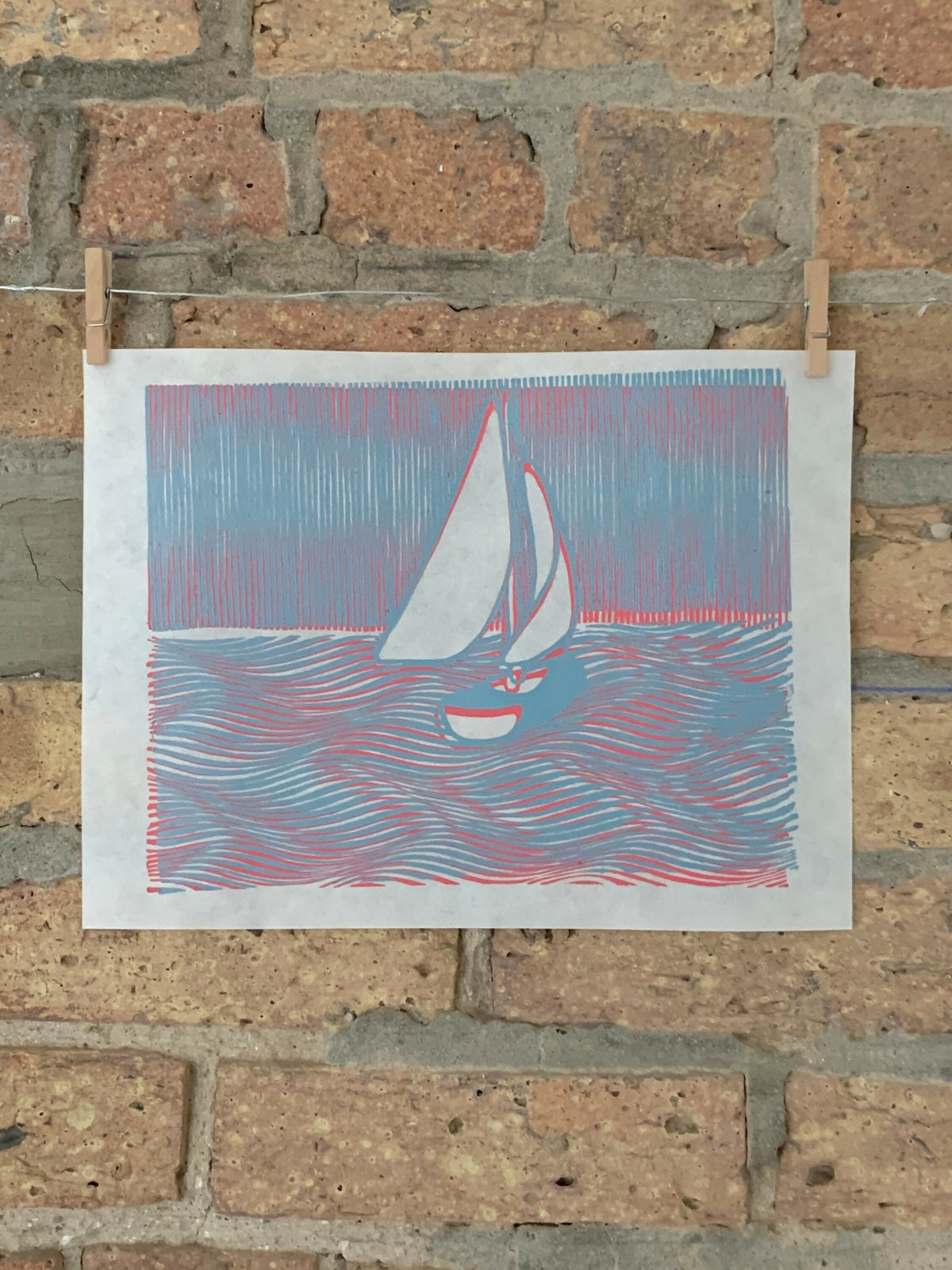 Sailboat, Lake Michigan / Moire 20 | Linocut Print | Wall Art
