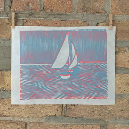 Sailboat, Lake Michigan / Moire 20 | Linocut Print | Wall Art