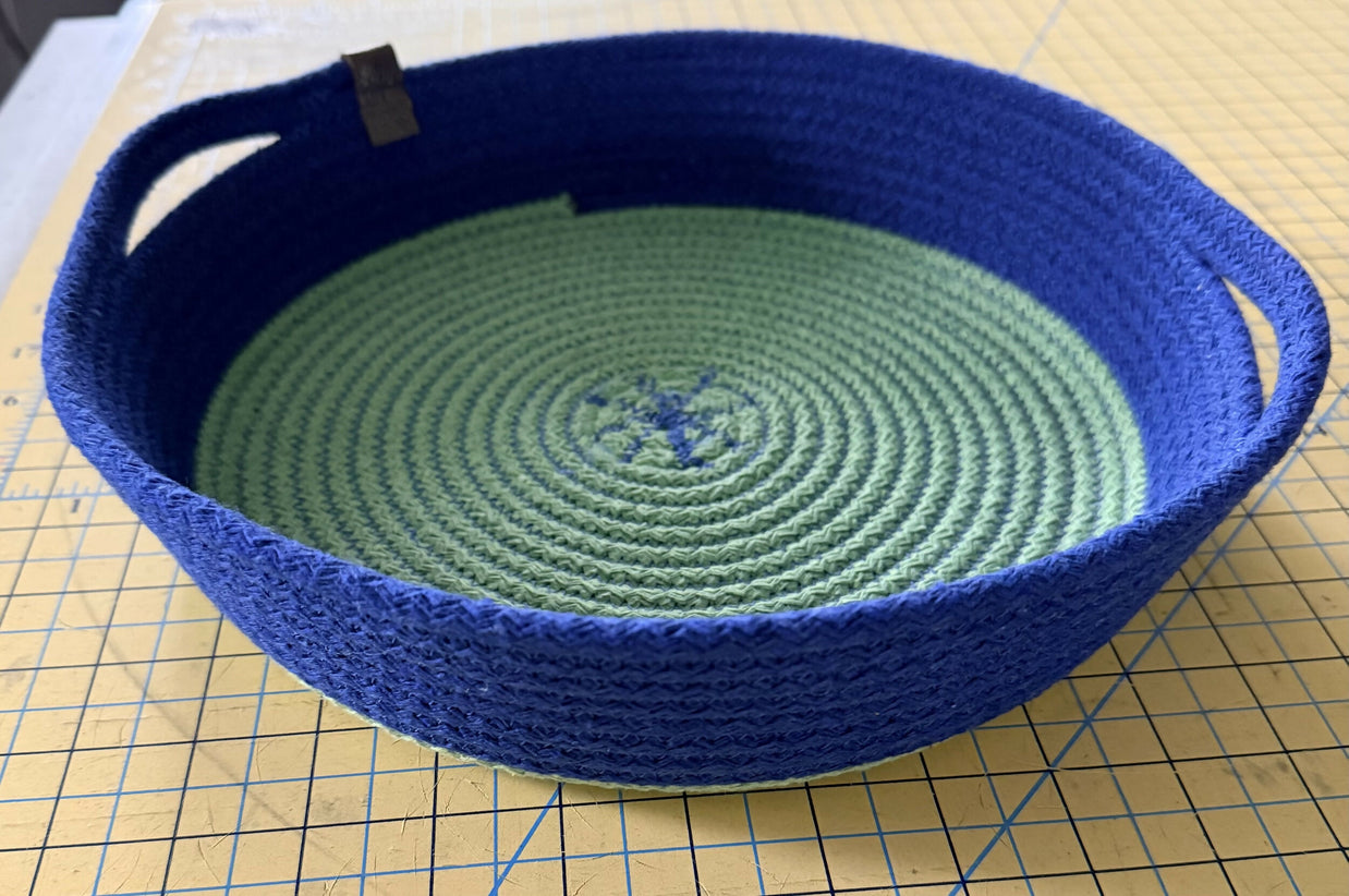 Coiled rope vessel - 12" flat bowl in pistachio green and blue, with handles
