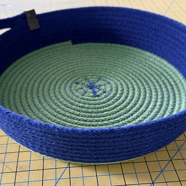 Coiled rope vessel - 12" flat bowl in pistachio green and blue, with handles