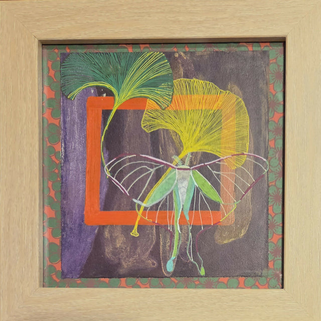 Gingko and Moth (framed floating on handmade paper in contemporary blond wood frame)