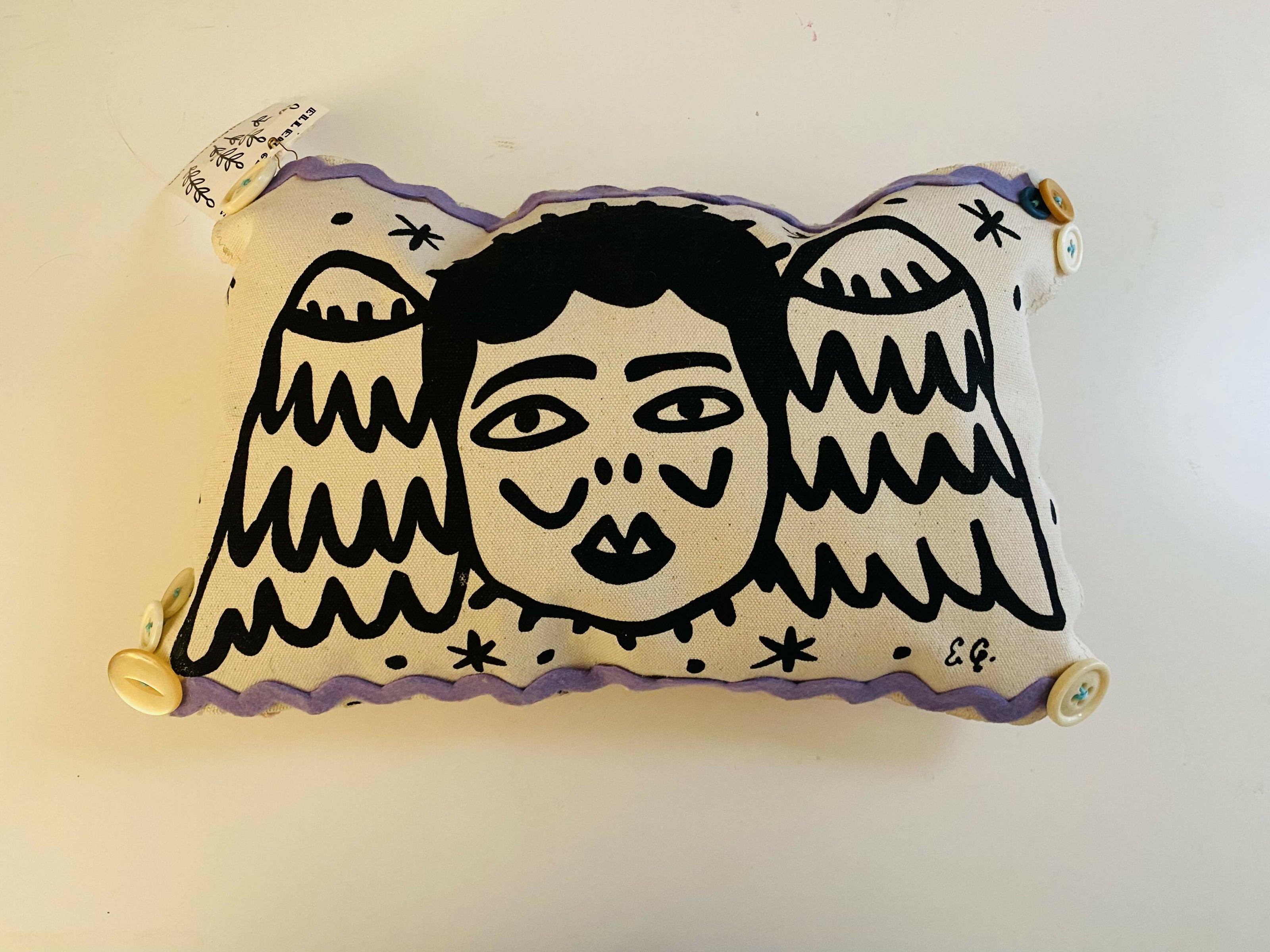 Angel Art Pillow with Purple Ric Rac