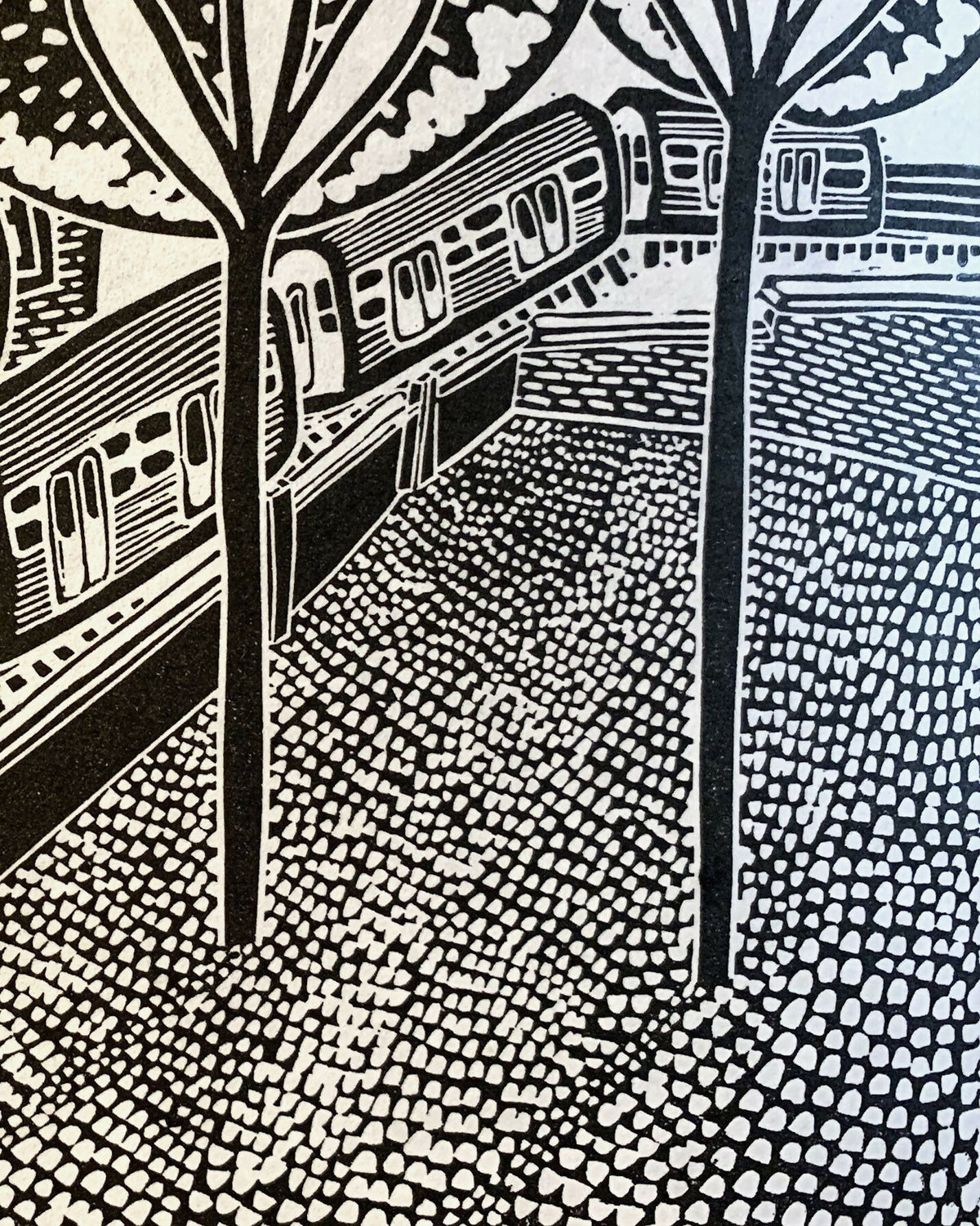 Train Through the Trees | City Scenes | Landscape, Spring Tree, Graceland Cemetery, Chicago | Linocut Print | Wall Art