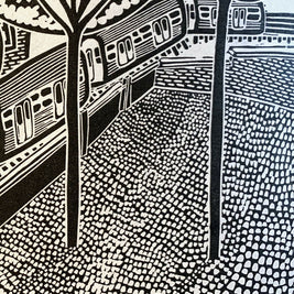 Train Through the Trees | City Scenes | Landscape, Spring Tree, Graceland Cemetery, Chicago | Linocut Print | Wall Art
