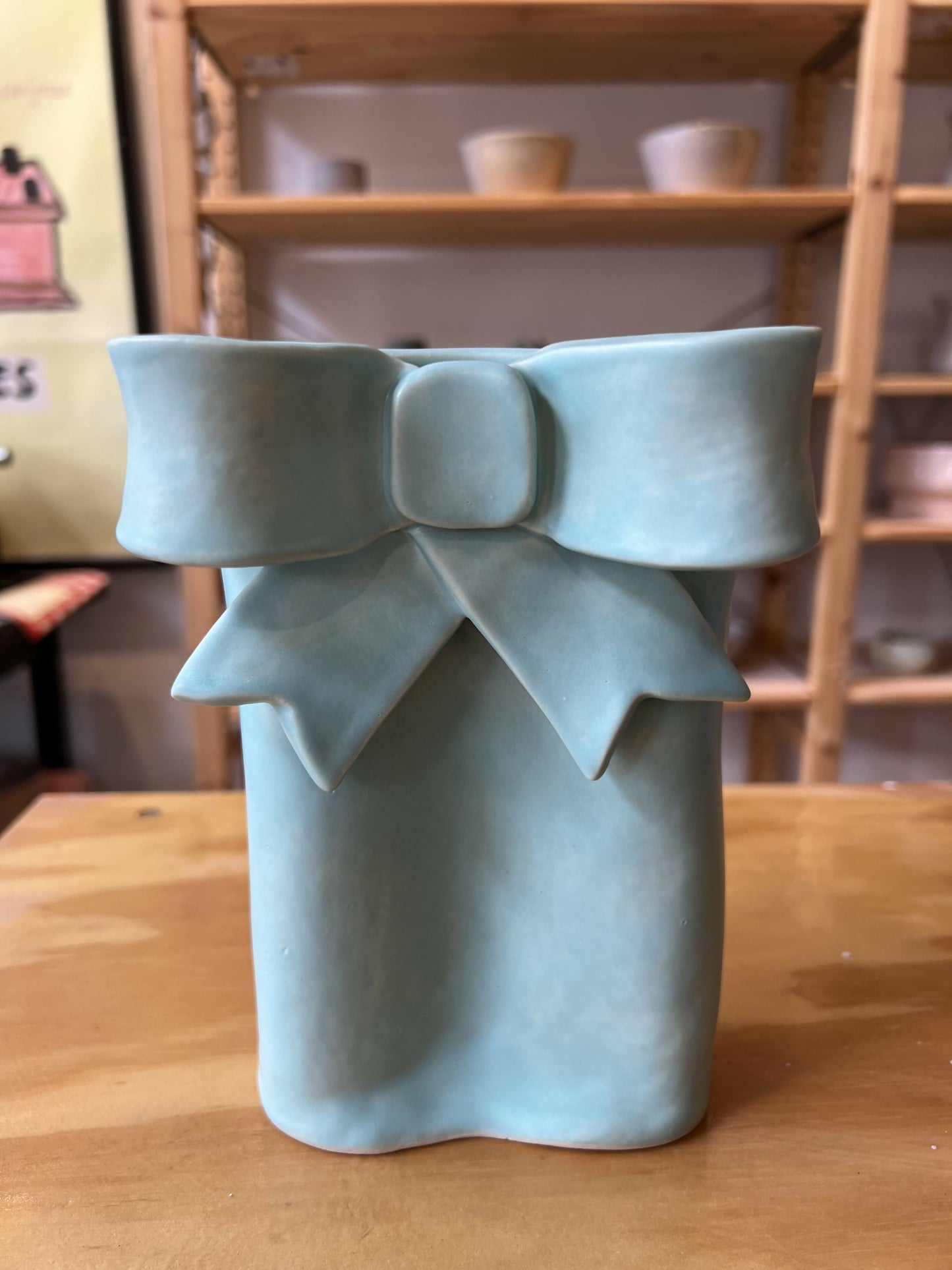 Seafoam bow vase- 7” tall