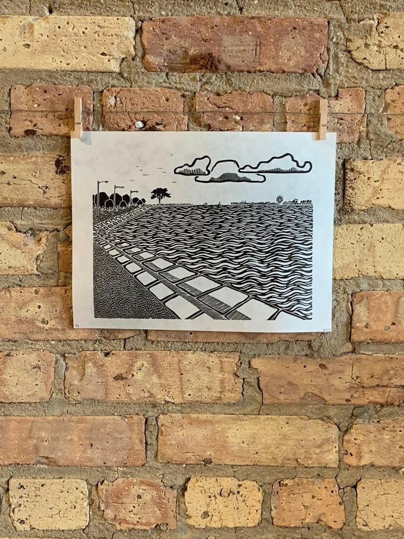 Lake Shore Drive 05 | Navy Pier / North Ave Beach | Linocut Print | Wall Art