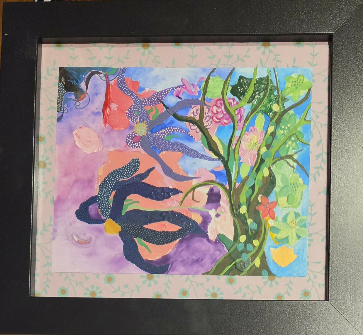 Swimming Cone Flowers (framed floating on handmade paper in a black contemporary simple black frame)