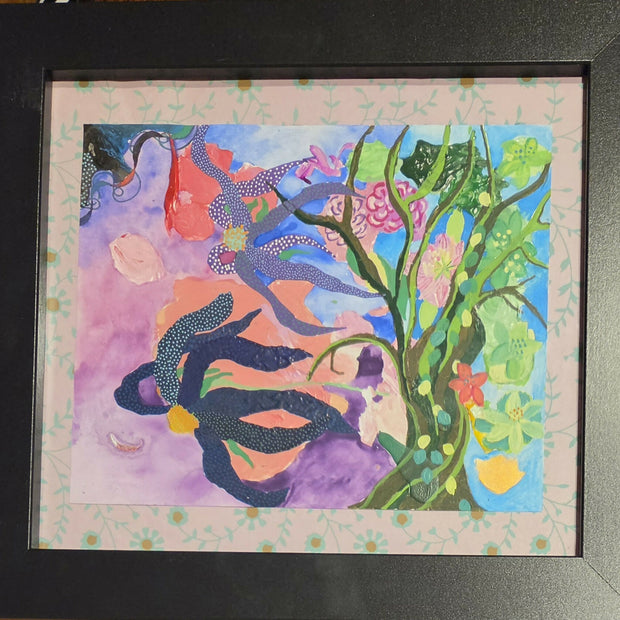 Swimming Cone Flowers (framed floating on handmade paper in a black contemporary simple black frame)