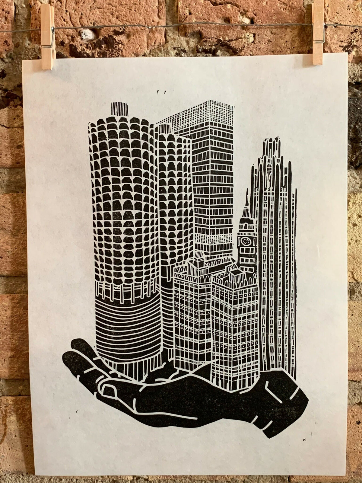 River North + Magnificent Mile / Chicago | Handscape | | Linocut Print | Wall Art