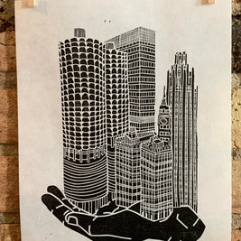 River North + Magnificent Mile / Chicago | Handscape | | Linocut Print | Wall Art