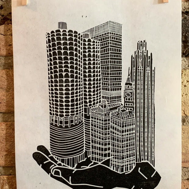 River North + Magnificent Mile / Chicago | Handscape | | Linocut Print | Wall Art