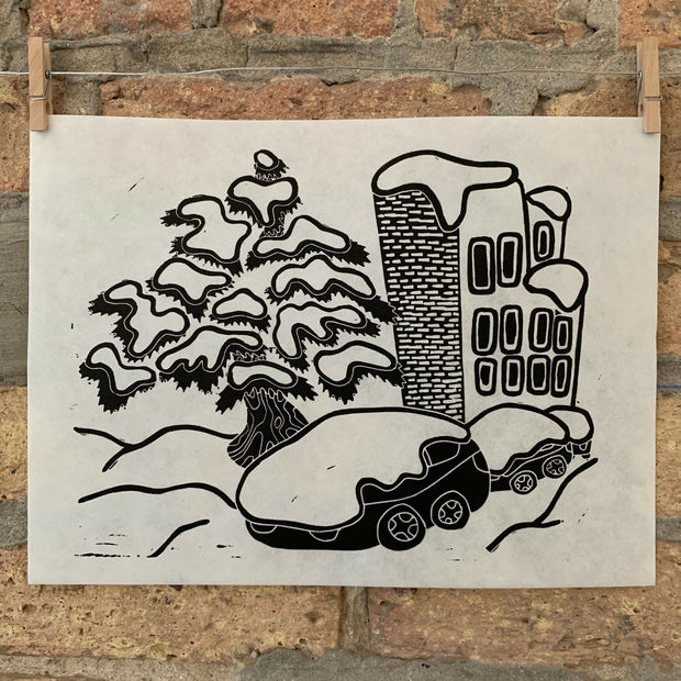 Snow Cars | City Scenes | Landscape, Winter Tree, Chicago | Linocut Print | Wall Art