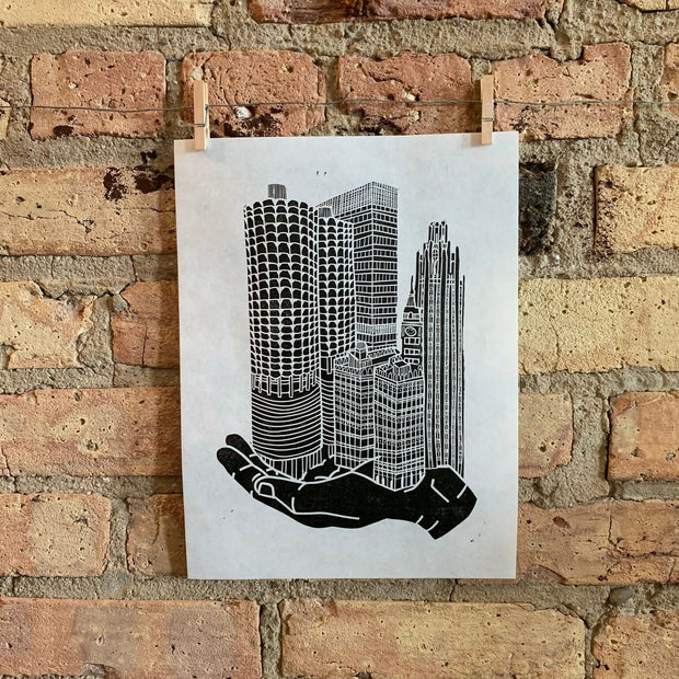 River North + Magnificent Mile / Chicago | Handscape | | Linocut Print | Wall Art