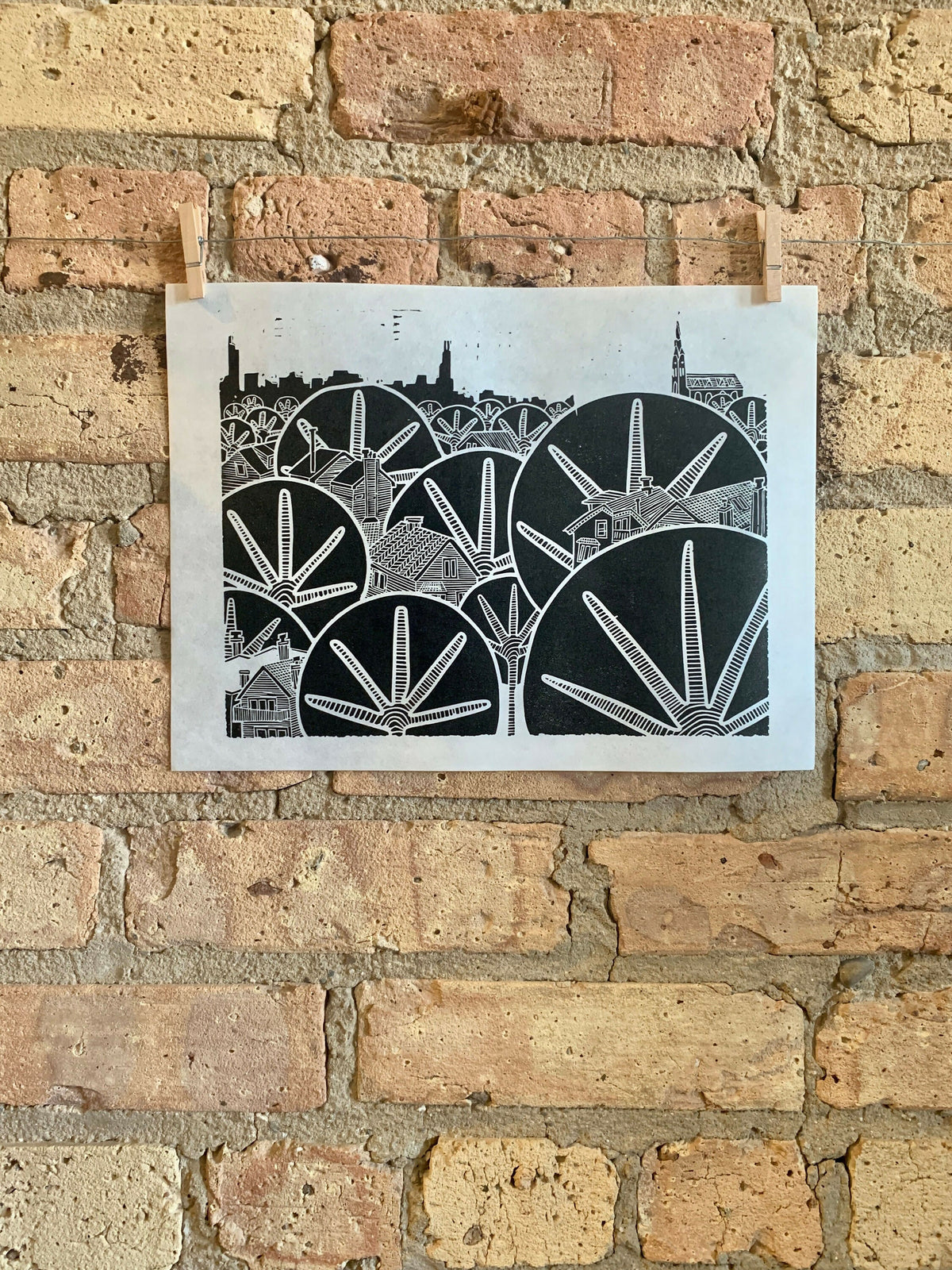 Early Winter Afternoon | Lakeview | Chicago Skyline | Linocut Print | Wall Art