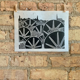 Early Winter Afternoon | Lakeview | Chicago Skyline | Linocut Print | Wall Art