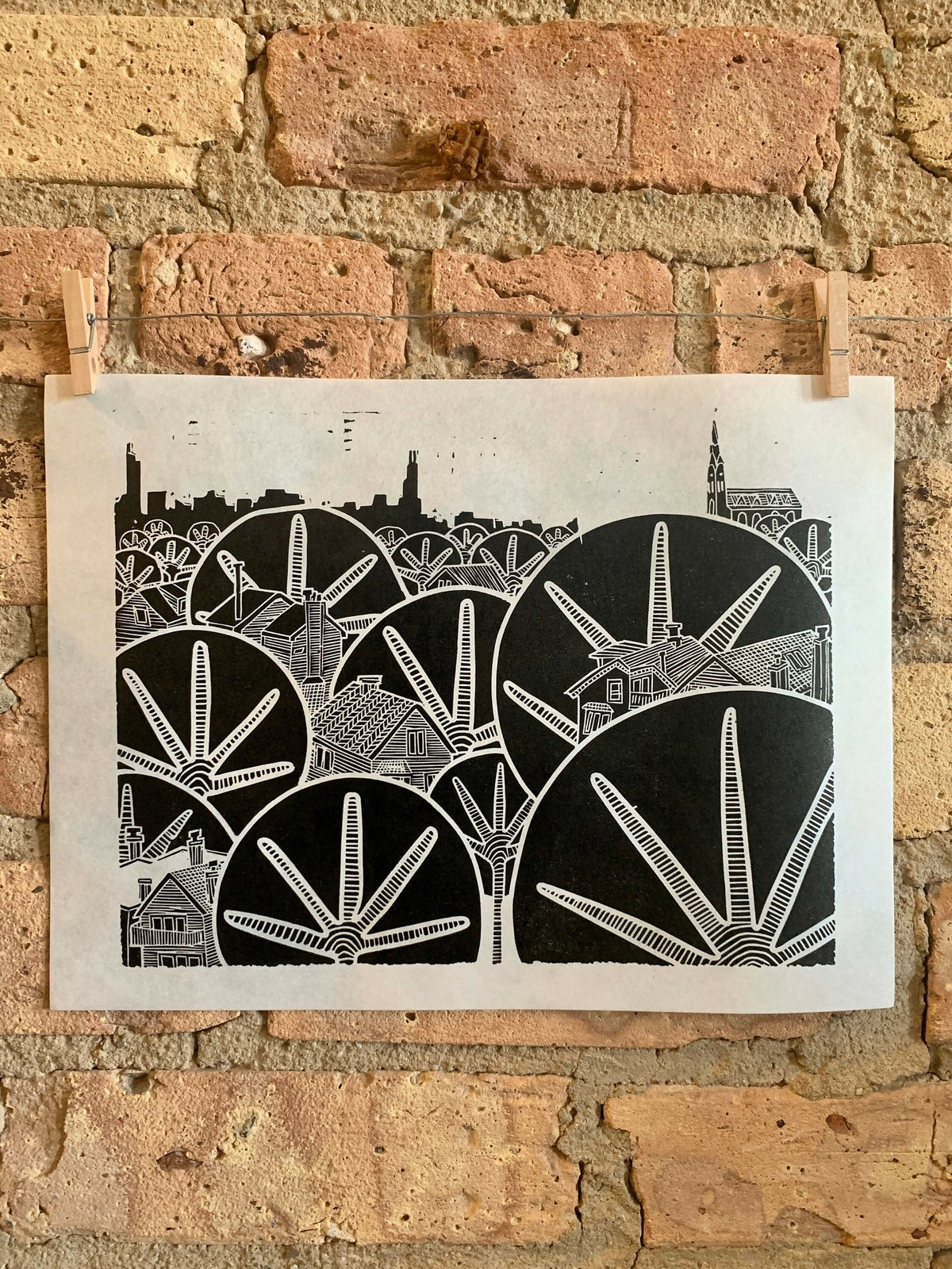 Early Winter Afternoon | Lakeview | Chicago Skyline | Linocut Print | Wall Art