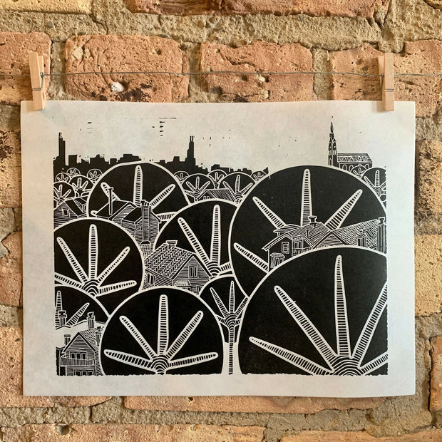 Early Winter Afternoon | Lakeview | Chicago Skyline | Linocut Print | Wall Art