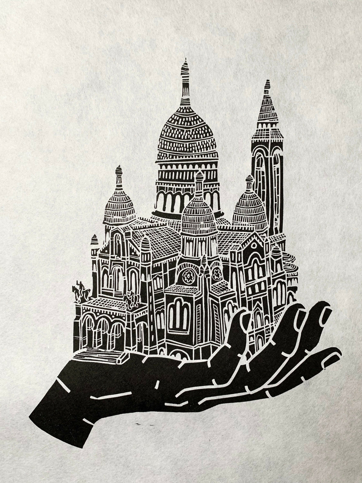 Basilica Sacre Coeur Hand | Sacre-CÅ“ur, Monmartre, Paris, France | Handscape | Linocut Print | Wall Art