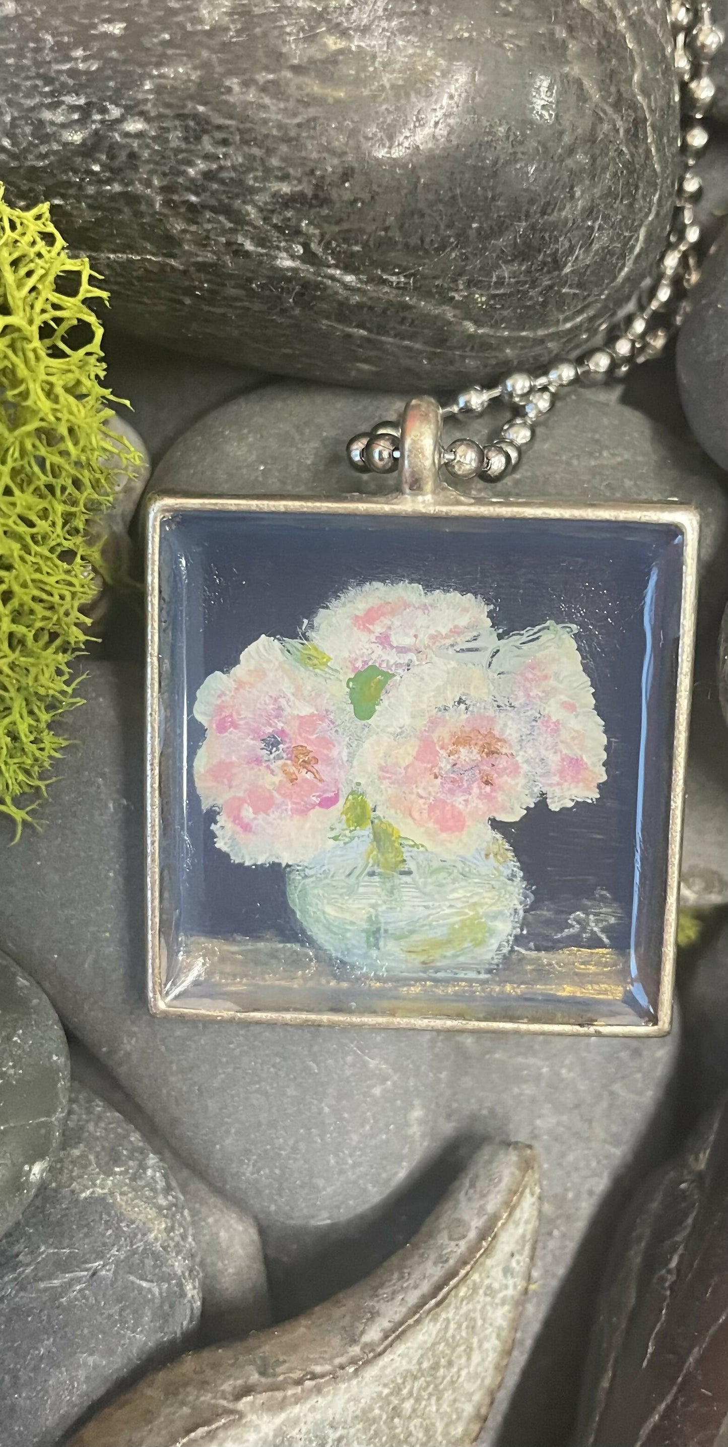 Glass vase with pink peonies. Square pendant