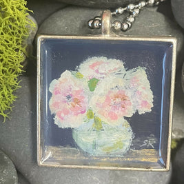 Glass vase with pink peonies. Square pendant