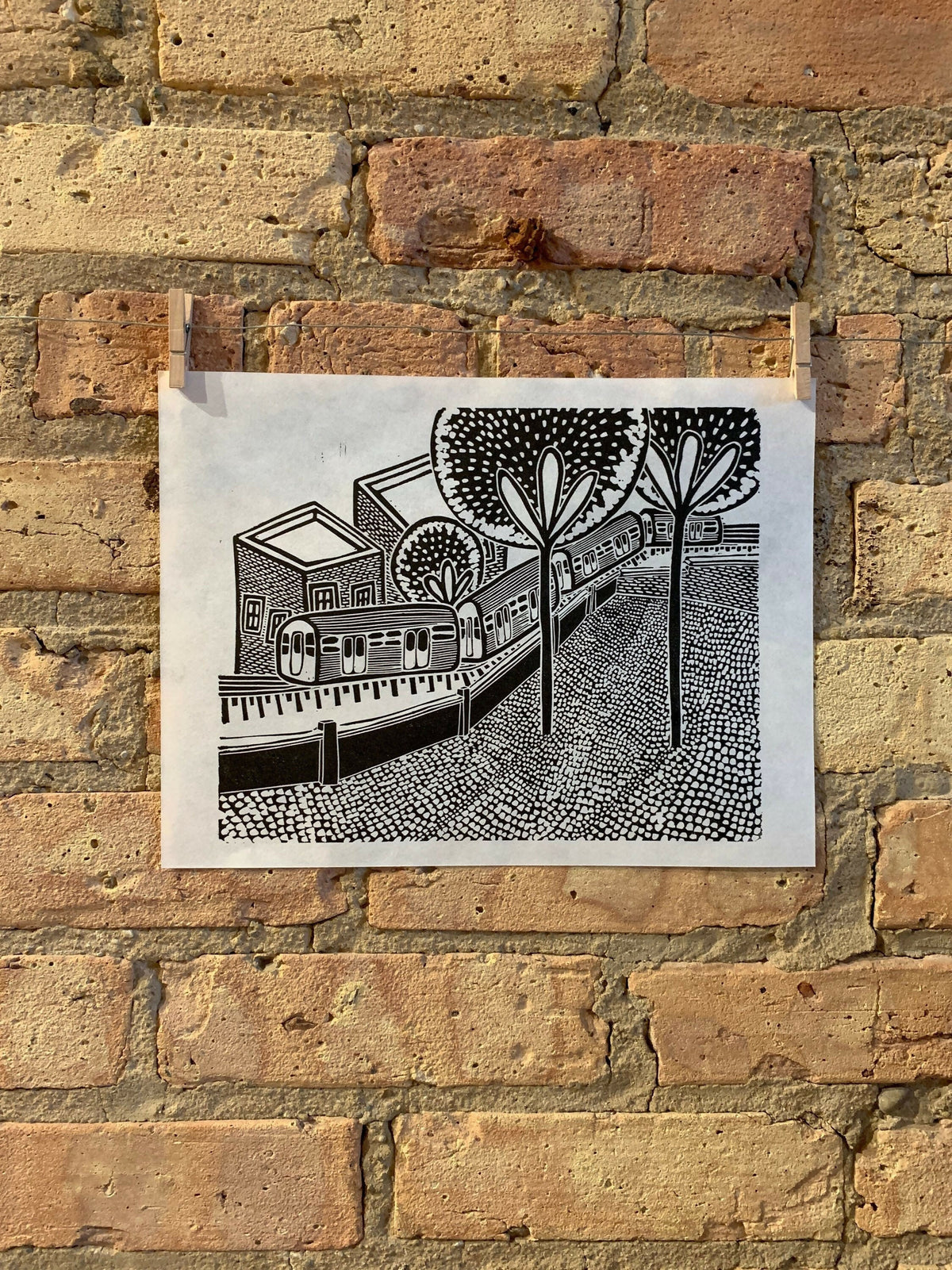 Train Through the Trees | City Scenes | Landscape, Spring Tree, Graceland Cemetery, Chicago | Linocut Print | Wall Art