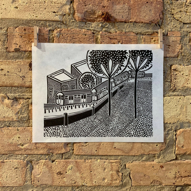 Train Through the Trees | City Scenes | Landscape, Spring Tree, Graceland Cemetery, Chicago | Linocut Print | Wall Art