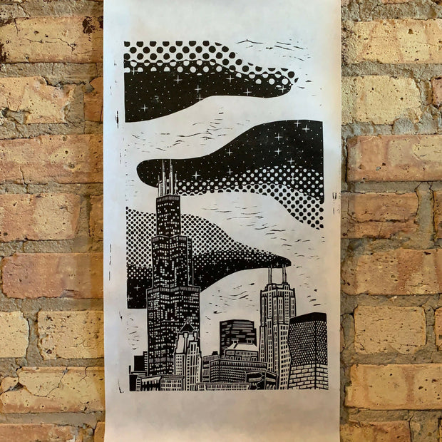 Chicago Skyscraper | 12" x 24" | Linocut Print | Wall Art