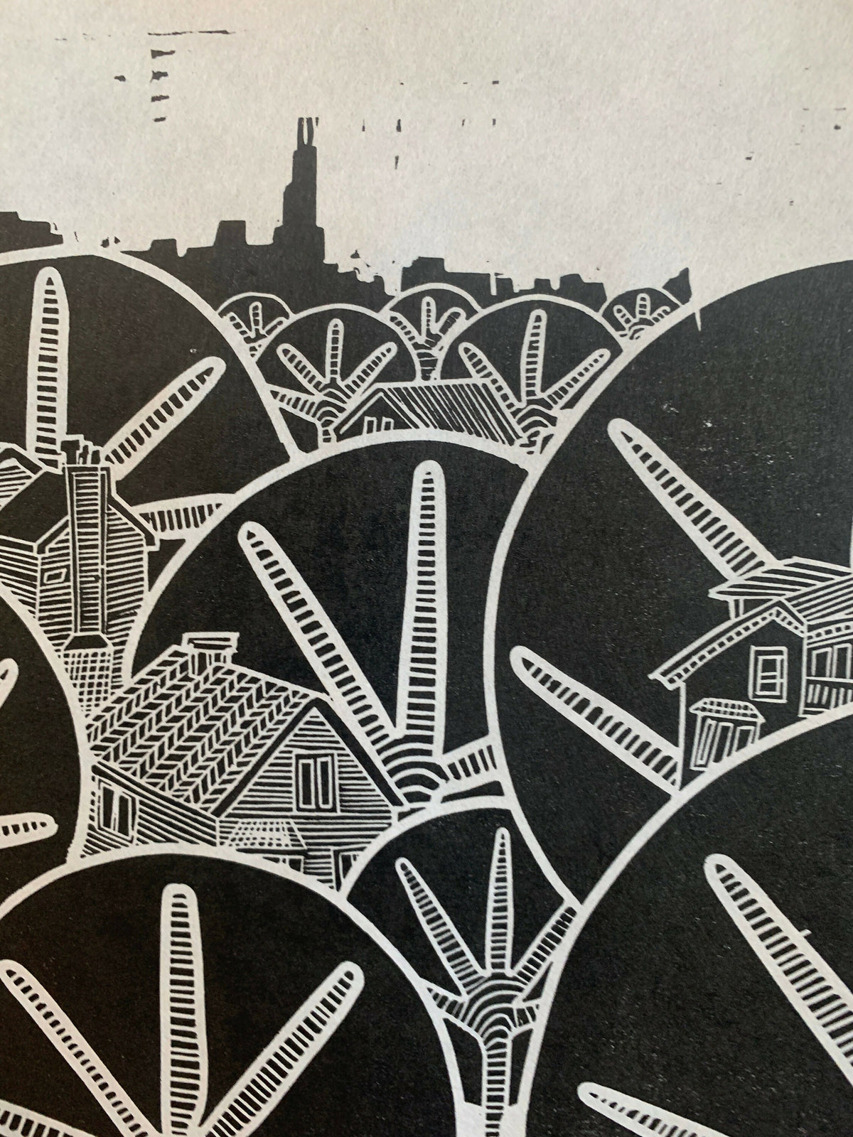 Early Winter Afternoon | Lakeview | Chicago Skyline | Linocut Print | Wall Art
