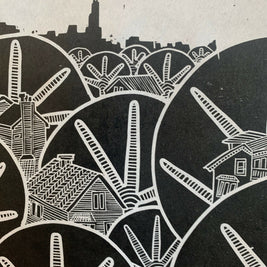 Early Winter Afternoon | Lakeview | Chicago Skyline | Linocut Print | Wall Art