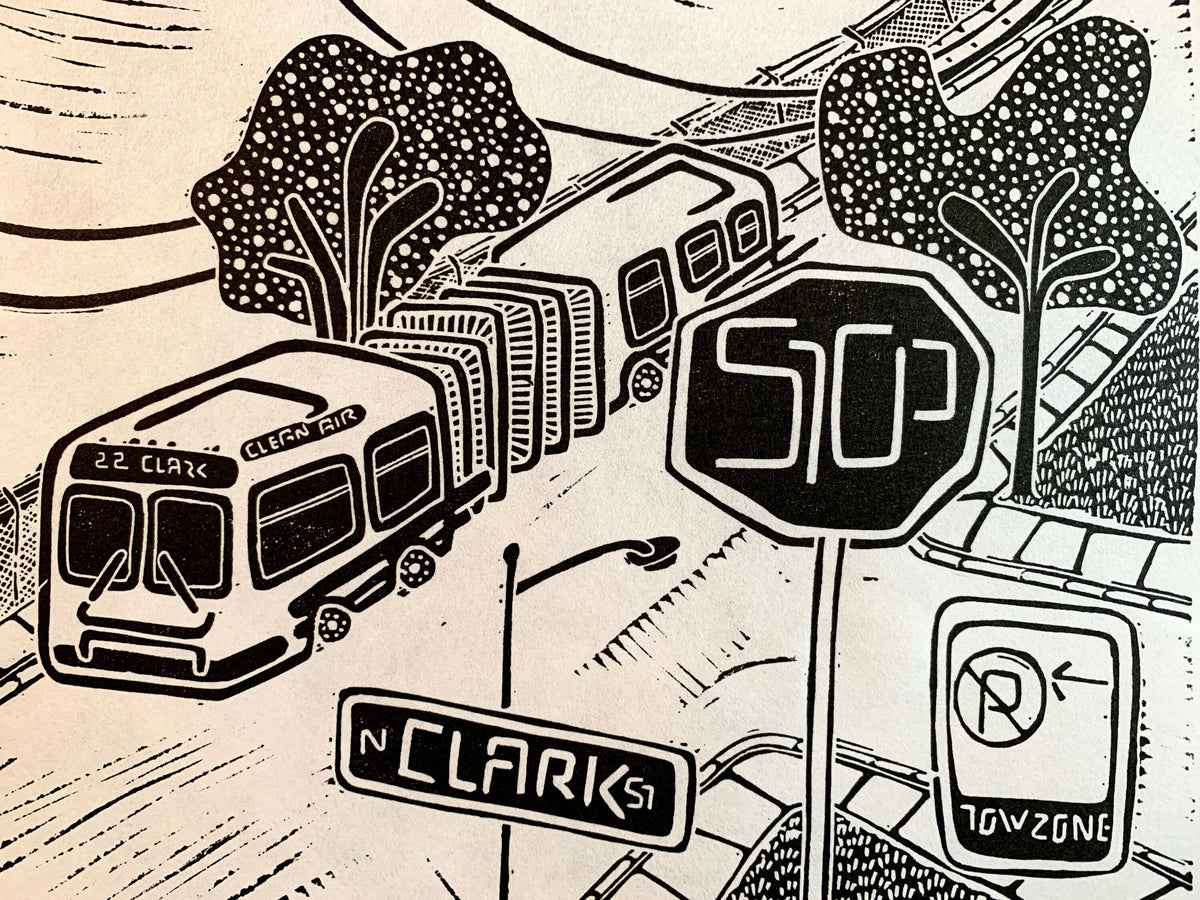 CTA-Pillar | Bus | City Scenes | Landscape, Spring Tree, Graceland Cemetery, Chicago | Linocut Print | Wall Art