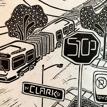 CTA-Pillar | Bus | City Scenes | Landscape, Spring Tree, Graceland Cemetery, Chicago | Linocut Print | Wall Art