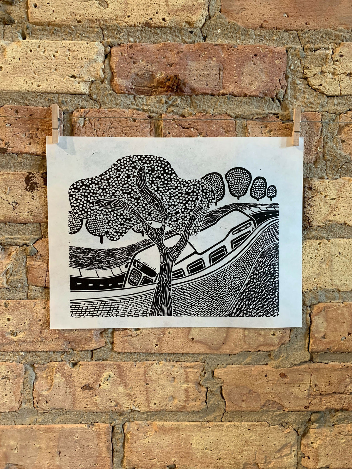 Bus Over a Brick Wall | Chicago CTA | Linocut Print | Wall Art