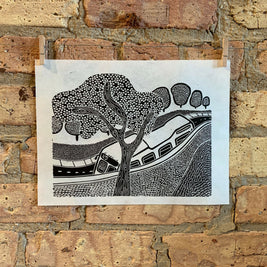 Bus Over a Brick Wall | Chicago CTA | Linocut Print | Wall Art
