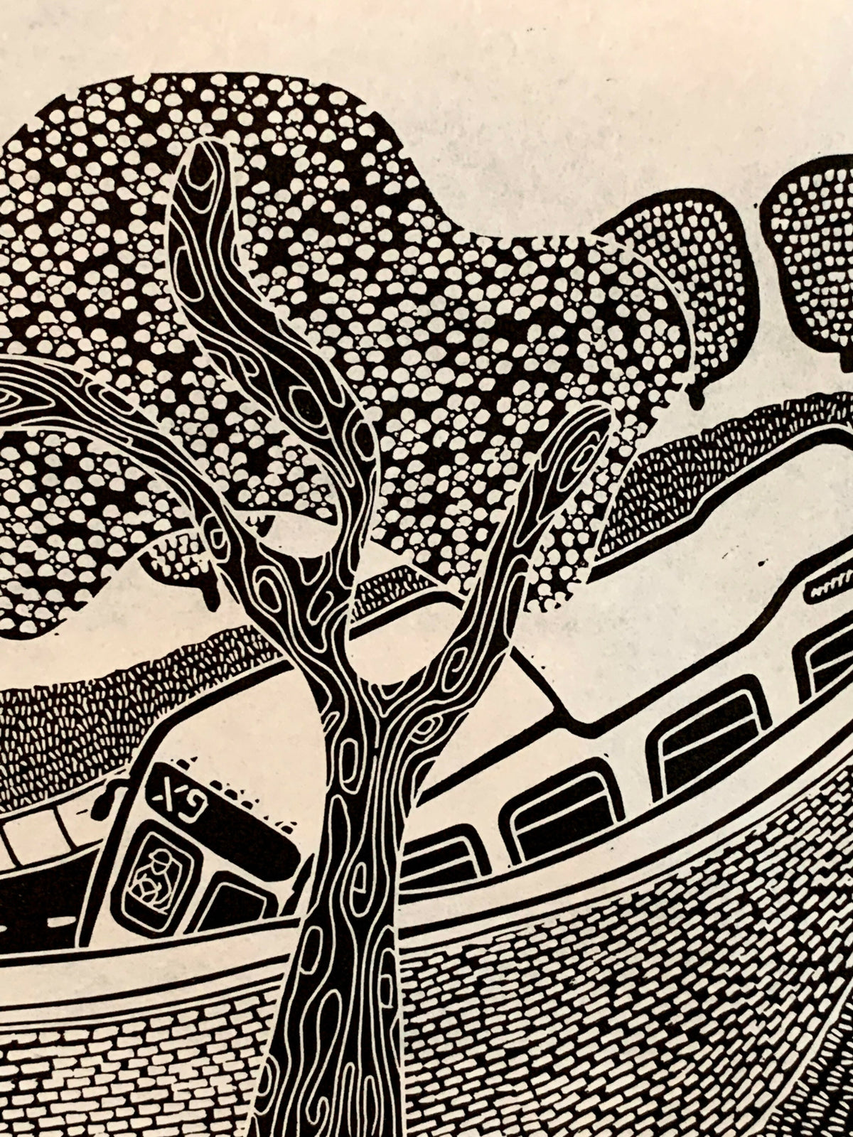 Bus Over a Brick Wall | Chicago CTA | Linocut Print | Wall Art