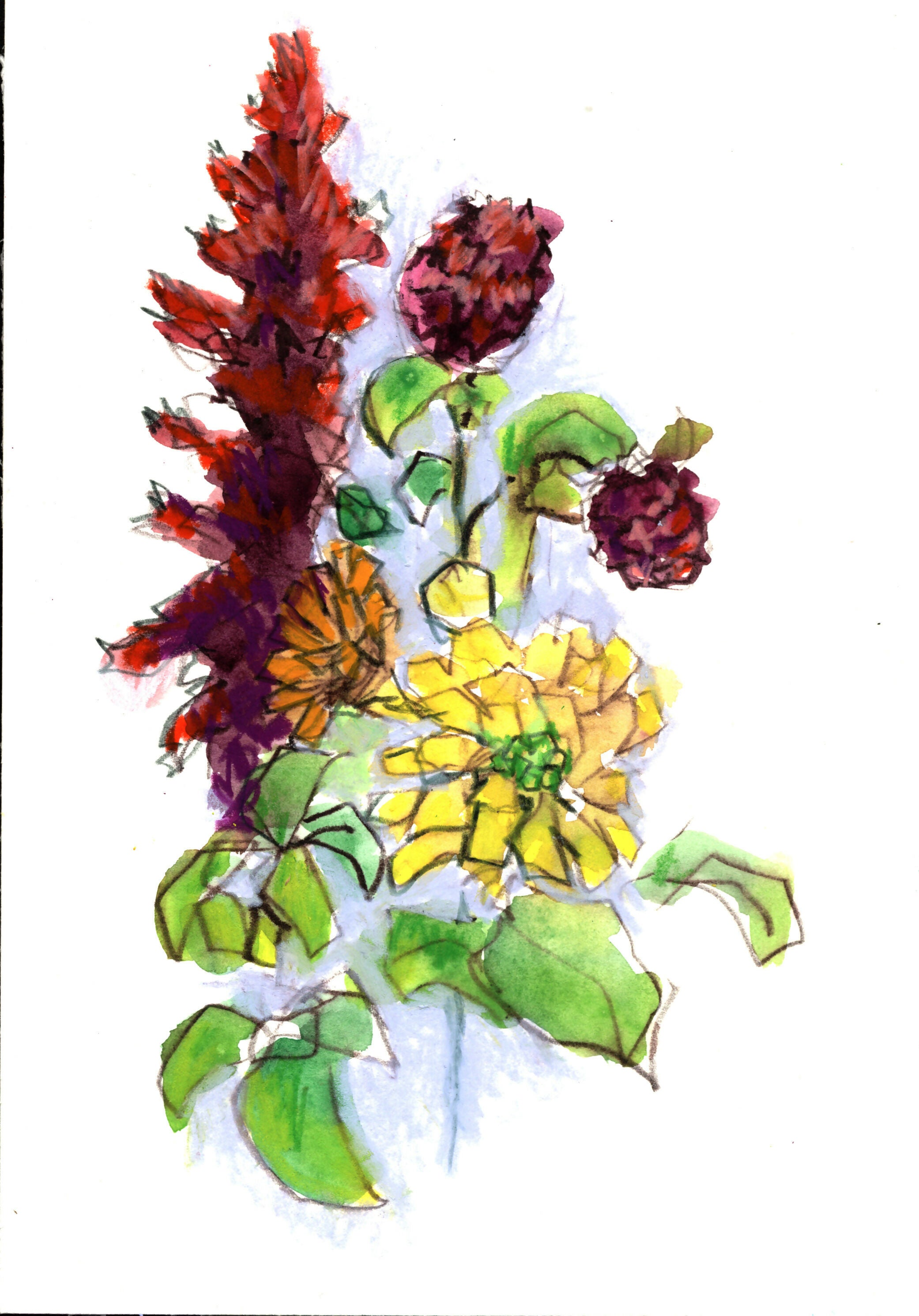 Wildflower Bouquet Mixed Media Watercolor, 9 x 12 unframed