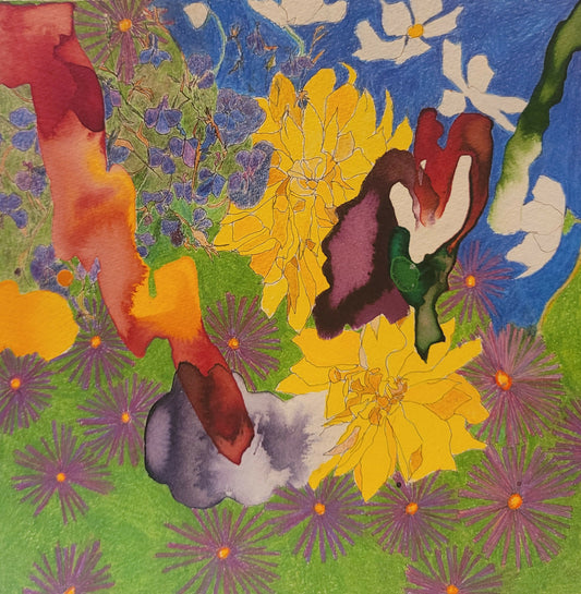 Daffodils and Lobelia, Normandy August 2025 (framed in a contemporary blond simple wood frame)