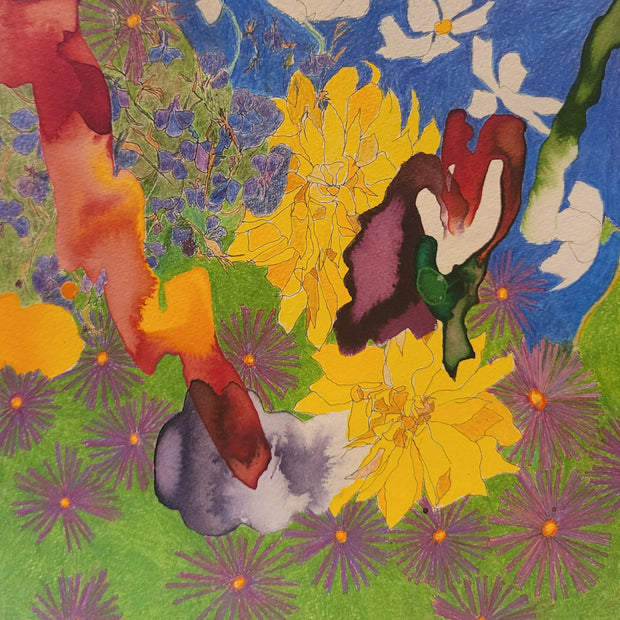 Daffodils and Lobelia, Normandy August 2025 (framed in a contemporary blond simple wood frame)