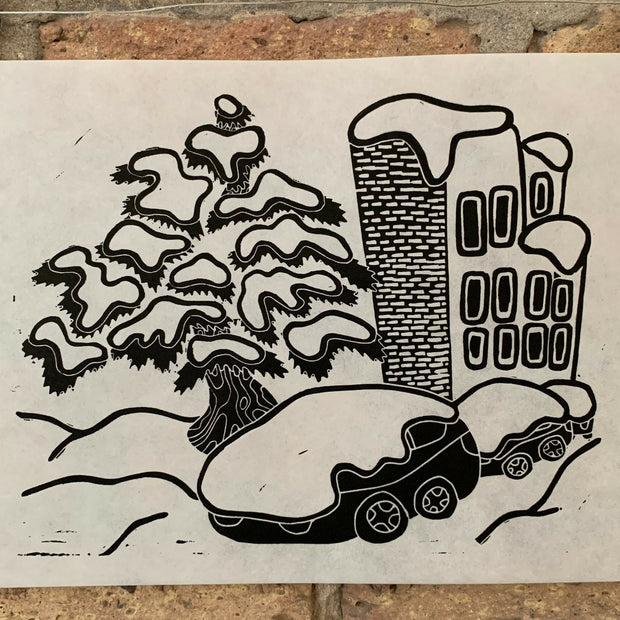 Snow Cars | City Scenes | Landscape, Winter Tree, Chicago | Linocut Print | Wall Art
