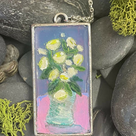 Creamy flowers in a vase on a pink and purple background. Pendant