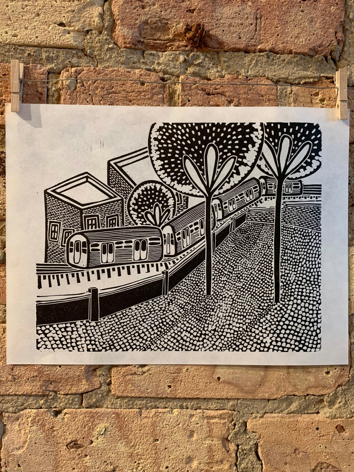 Train Through the Trees | City Scenes | Landscape, Spring Tree, Graceland Cemetery, Chicago | Linocut Print | Wall Art