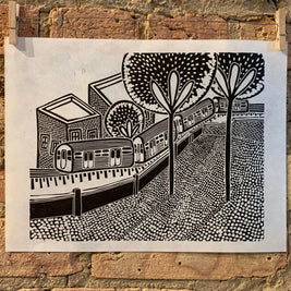 Train Through the Trees | City Scenes | Landscape, Spring Tree, Graceland Cemetery, Chicago | Linocut Print | Wall Art