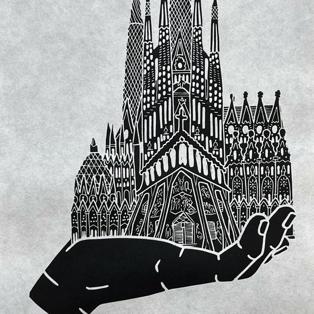 Sagrada Familia Hand | Antonio Gaudi | Handscape | Linocut Print | Wall Art