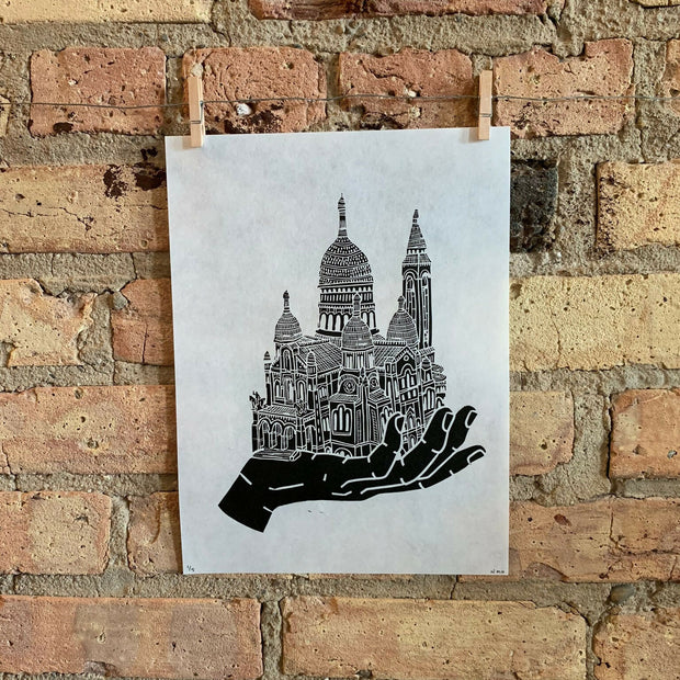 Basilica Sacre Coeur Hand | Sacre-CÅ“ur, Monmartre, Paris, France | Handscape | Linocut Print | Wall Art