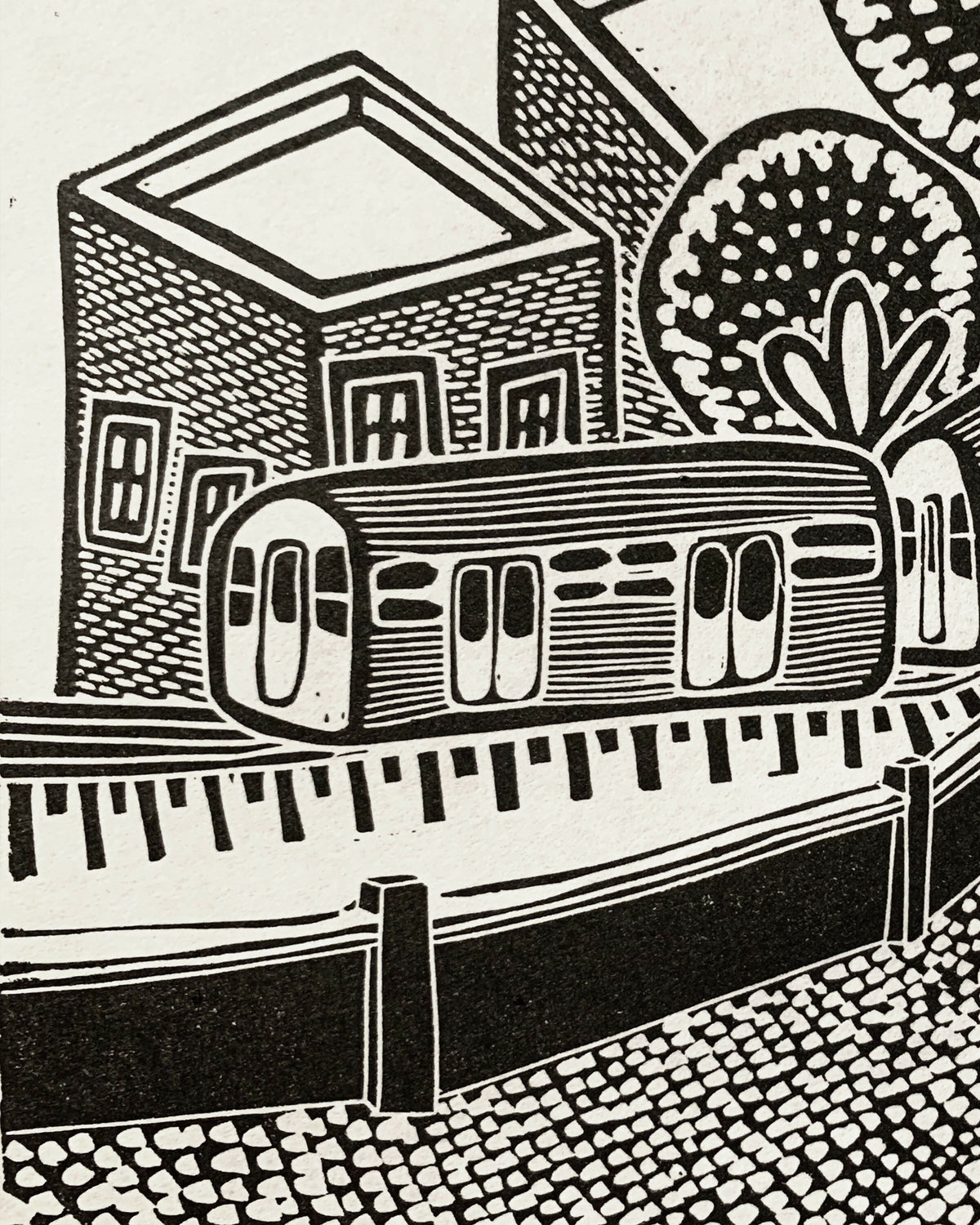 Train Through the Trees | City Scenes | Landscape, Spring Tree, Graceland Cemetery, Chicago | Linocut Print | Wall Art