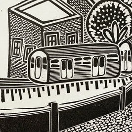 Train Through the Trees | City Scenes | Landscape, Spring Tree, Graceland Cemetery, Chicago | Linocut Print | Wall Art