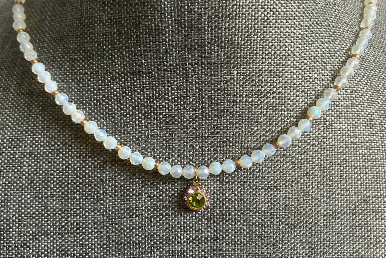 opalite necklace with 8mm vintage crystal charm